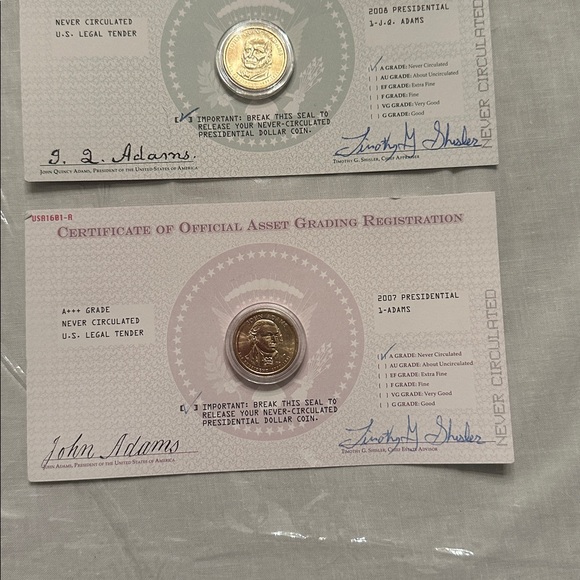 3 2008 Never circulated John Quincy Adams coins(two 2008 & one 2007 John Adams) - Picture 4 of 4